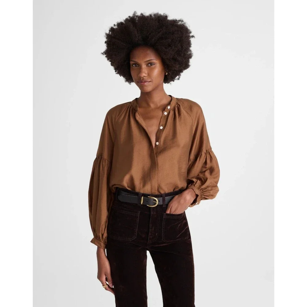 MADEWELL Shirred Balloon-Sleeve Top XXS Pecan Shell Button-Up Blouse NWT B99